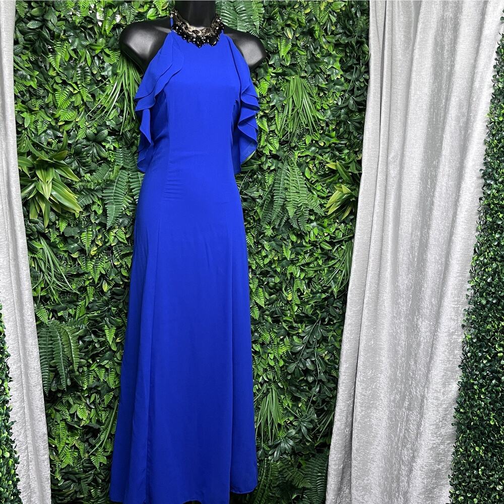 Lulus Dress Women Medium Royal Blue Halter Ruffle Sleeves Formal Gown Maxi  2667